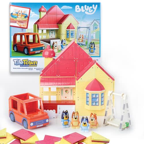 Tile Town Bluey Heeler Family Home 46-Piece Magnetic Tile Playset, Interactive STEM Magnetic Tiles Toys, Includes Bluey & Bingo Figures, Action Tiles