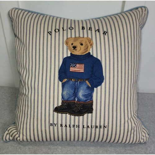 Ralph Lauren Polo Bear Teddy Goose Down Pillow Vintage 18”x18 Denim Blue Stripe