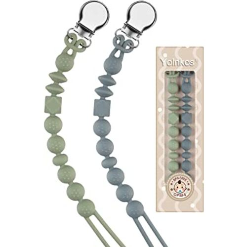 Yolnkos Pacifier Clip Paci Holder Baby Boys Girls Silicone Teething Relief One-Piece Soothie Binky Clips with Texture Soft Flexible Teether Toys Birthday Christmas Shower Gift 2 Pack (Grey, Green)