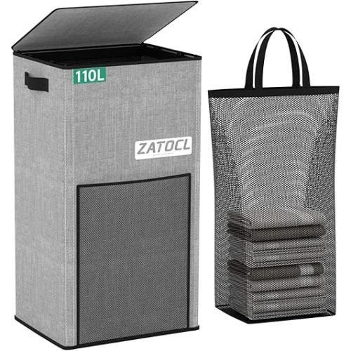 Laundry Hamper with Lid 110L, Large & Tall Laundry Basket with Removable Bag & Front Mesh Bag, Collapsible Dirty Clothes Hampers for Bedroom Aesthetic, Bathroom, Dorm, Laundry Room - Easy Carry, Grey