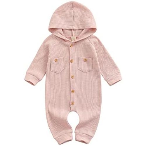 Ynibbim Winter Newborn Baby Boy Girl Solid Romper Unisex Infants Hooded Outfit Clothes Waffle Cotton Button Jumpsuits