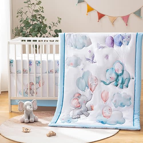 Juego de ropa de cama de cuna de 4 piezas para niños y niñas, juegos de ropa de cama para bebés que incluye edredón de dibujos animados, sábana bajera para cuna, falda de cuna y juguete de elefante de