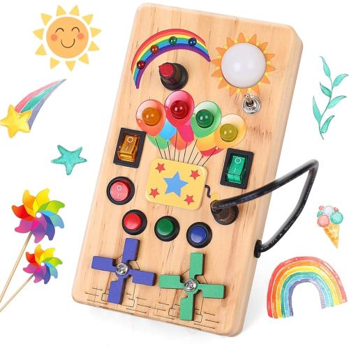 Busy Board for Toddler,Log Wood Montessori Toys with Rainbows,Windmills,8 LED Lights Switches,Travel Sensory Educational Gifts for 1+ Year Old Baby
