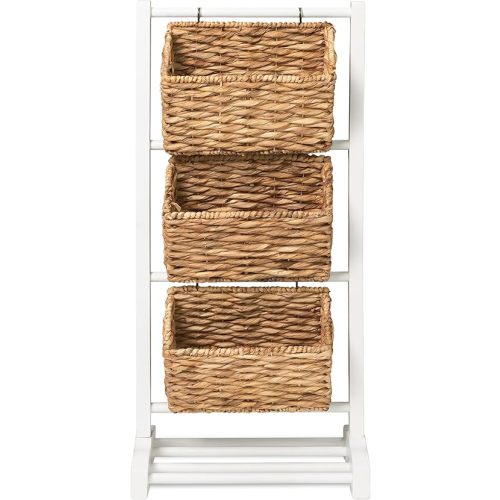 HOMESTEAD 3-Tier Wooden Shelf with Water Hyacinth Woven Baskets – Rattan Shelf Basket, Boho Room Decor, Wooden Book Shelf, Bathroom Storage Shelves, Kitchen, Laundry, Living Room
