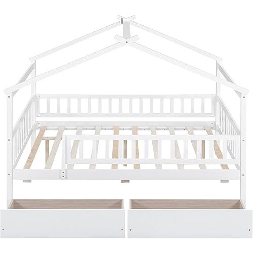 Full House Bed with 2 Storage Drawers, Kids Full Bed Frame with Rails and Roof, Tent Bed, Wooden Full Daybed, Full Montessori Bed for Kids Teens Girls & Boys, No Box Spring Needed (White)