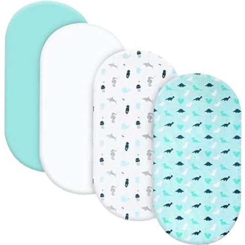 Baby Bassinet Fitted Sheets 4 Pack Compatible with 4moms MamaRoo Sleep, Regalo Baby Basics Bassinet and Chicco Close to You 3-in-1 Bedside, Ultra Soft and Skin-Friendly, Aqua Dinosaurs & White Ocean