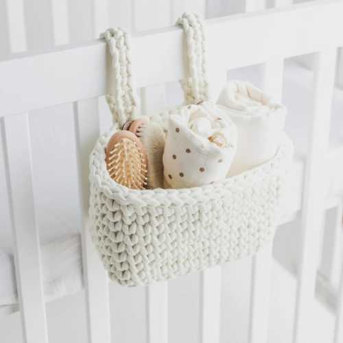 Cream Baby Crib Organizer Organic Cotton Hanging Nursery Storage Basket Soft Handwoven Crib Bin Neutral Baby Room Decor Solution