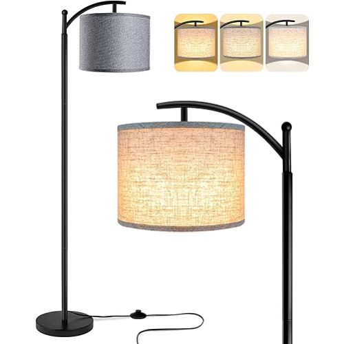 ROTTOGOON Floor Lamp with 3CCT LED Bulb, Gray Linen Lamp Shade for Living Room, Modern Standing Lamp for Bedrooms - Black