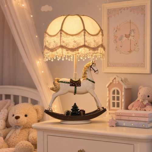 Vintage Carousel Table Lamp, Lace Fabric Lampshade with Bow, Handmade Nursery Lamp, Bedside Light, Romantic Room Decor Gift