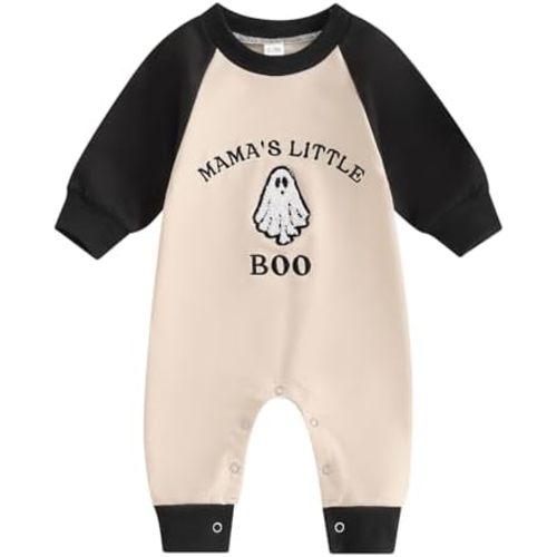 Newborn Infant Baby Boy Halloween Outfit Long Sleeve Ghost Embroidery Romper Mamas Little Boo Jumpsuit Playsuit