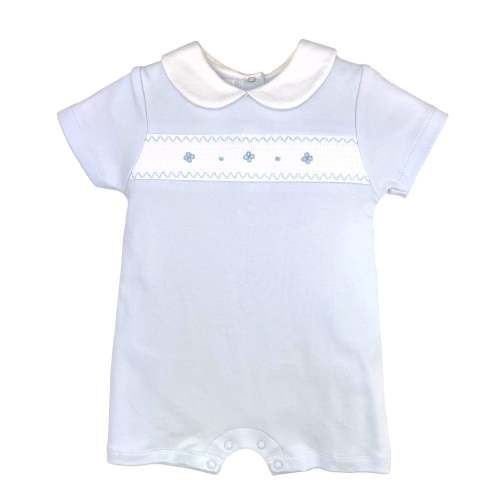 Smocked Blue Collared Knit Romper - 6M