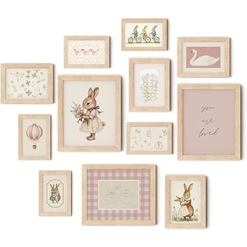 TwoDays Vintage Nursery Decor for Baby Girls, Pink Rabbit Bunny Wall Art for Toddler Kids Playroom, Swan Animals Posters for Bedroom (Multi Sizes, Set of 12, 8 × 10 Largest, Wooden Framed)