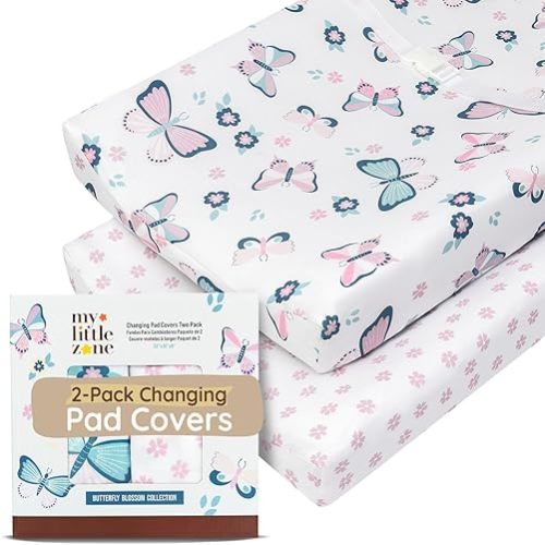 Baby Diaper Changing Pad Covers Table Sheets 32"x16", 8"Deep Pocket - Floral Changing Pad Cover, 100% Cotton Baby Girl Butterfly Nursery Change Pads Sheets 2 Pack, Designed in France, White-Light Pink