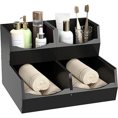 3 Set Bamboo Pantry Organizers and Storage, Open Front Vegetable Fruit Seasonings Stackable Storage Bins, Rustic Stacking Storage Bins for Pantry, Office, Bedroom, Kitchen Counter Organizer (Black)