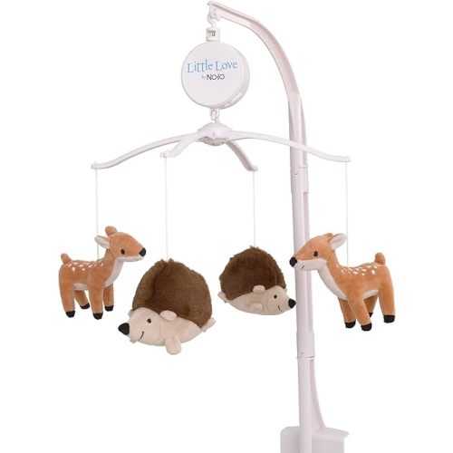 Little Love by NoJo Woodland Meadow Taupe, Tan, and Brown Plush Deer and Hedgehog Musical Mobile