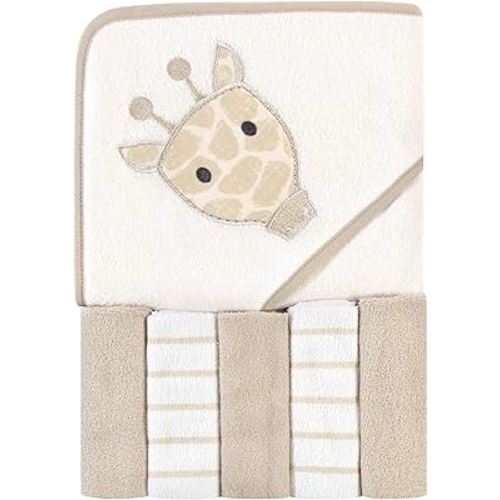 Hudson Baby Unisex Baby Hooded Towel and Five Washcloths, Modern Giraffe, One Size