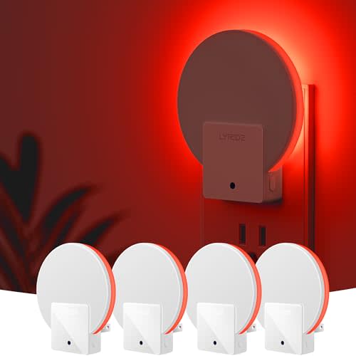 Lyridz Red Plug in LED Backlit Night Light, Auto Dusk to Dawn Sensor, 1-50 LM Dimmable Sleep Aid Nightlight Indoor for Bedroom, Kids Room, Elderly Housing, Bathroom, Kitchen, Stairs, Hallway, 4 Pack
