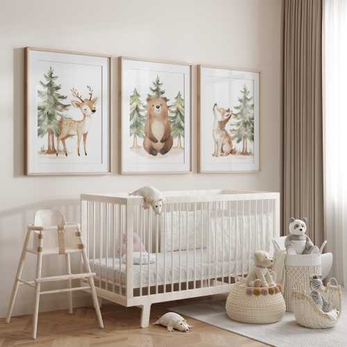 Woodland Animal Nursery Prints, Woodland Themed Nursery Decor Boy, Forest Animal Print Set of 3, Woodland Wall Art, Forest Kids Room Decor