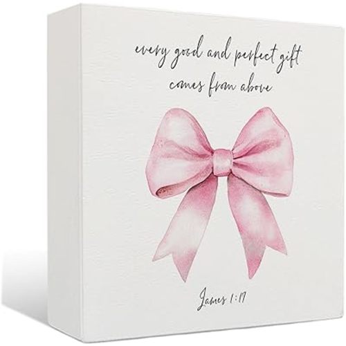 Pink Coquette Christian Signs - Christian Religious Wooden Box Sign, Preppy Room Decor Wooden Box Sign for House Table, Pink Bows Decor for Girl Room Bedroom, 5 X 5 Inches