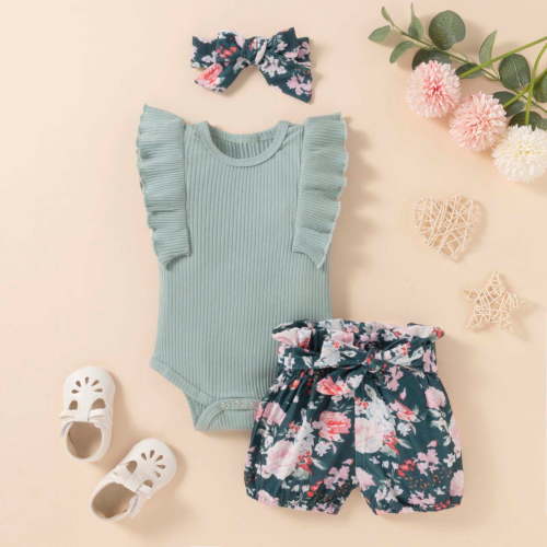 Rciityk Toddler Baby Girl Ruffled Rompers Short Sleeve Bodysuit Tops + Floral Shorts Baby Girl Romper Jumpsuits 3Pcs Cute Infant Outfit for 12-18 Month - Spring/Summer Savings Clearance