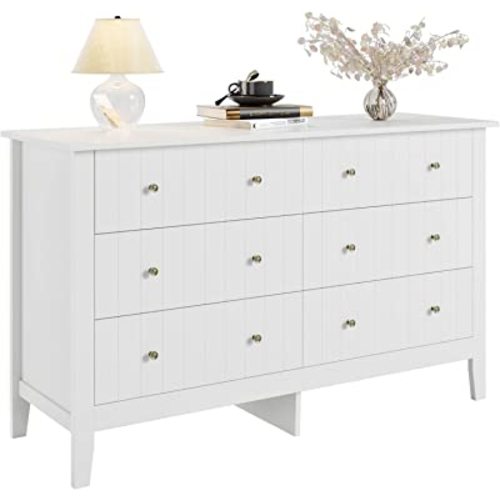 FOTOSOK White Dresser, Chest of Drawers, Modern 6 Drawer Double Dresser with Deep Drawers, Nursery Dresser for Baby, Wide Storage Organizer Cabinet for Living Room, Hallway,White
