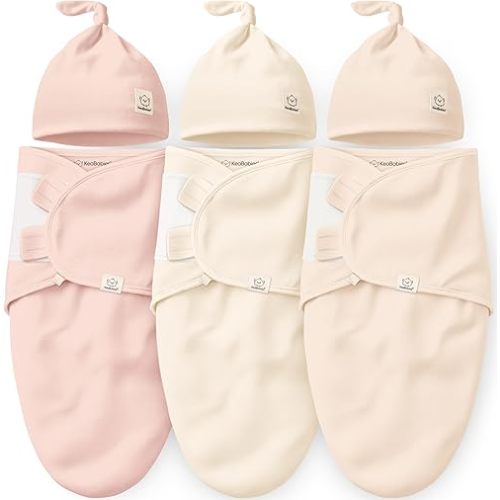 KeaBabies 3-Pack Organic Swaddles for Newborns Girls, Boys with Hats - Soft Cotton Baby Sleep Sacks 0-3 Months, Breathable Baby Hats and Swaddles 0-3 Months, Newborn Essentials Must Haves (Angelic)