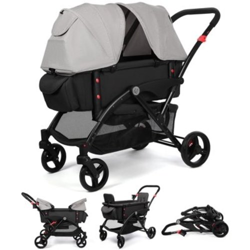 Vomeast Wagon Stroller with Canopy, 2-Seat Stroller Wagon for Kids, 5-Point Harness, Foldable, Gray & Black