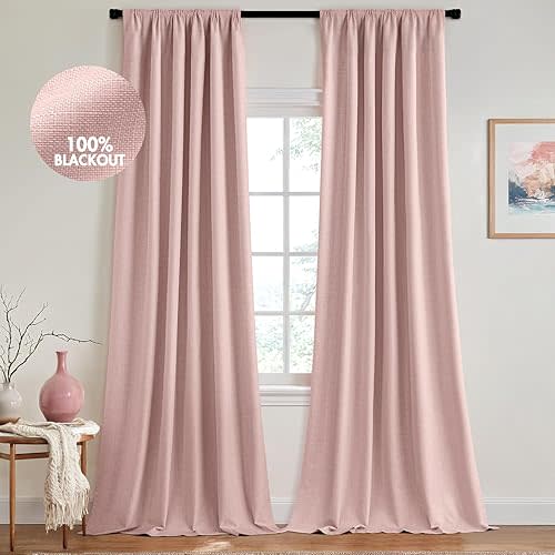 MIULEE 100% Blackout Curtains 84 Inch Long 2 Panels for Bedroom, Thick Luxury Faux Linen Black Out Curtain Room Darkening Back Tab Pleat Window Textured Drapes with Hooks for Living Room, Baby Pink