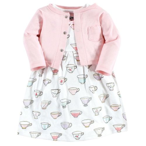 Hudson Baby Infant Girl Cotton Dress and Cardigan Set, Tea Party, 0-3 Months