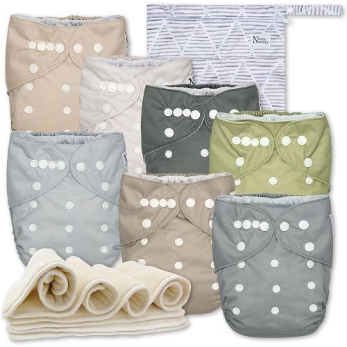 Nora's Nursery Cloth Diapers 7 Pack with 7 Inserts & 1 Wet Bag - Waterproof Cover, Washable, Reusable & One Size Adjustable Pocket Diapers for Newborns and Toddlers - Sand and Stone