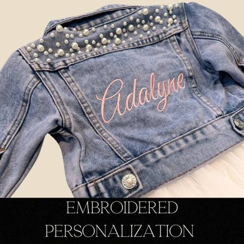 Little Girls Personalized Blue Pearl Denim Jacket | Embroidered | Flower Girl Jean Jacket | Baby| Toddler Denim Jacket| Custom Girls Clothes