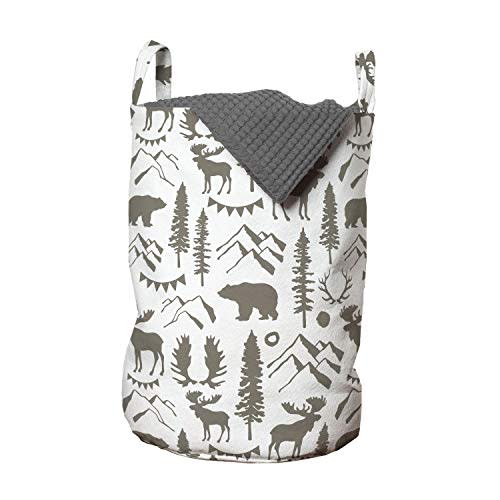 Ambesonne Northwoods Laundry Bag, Forest Elements with Bear Moose Trees and Mountains Wildlife Nature Theme, Hamper Basket with Handles Drawstring Closure for Laundromats, 13" x 19", Taupe White