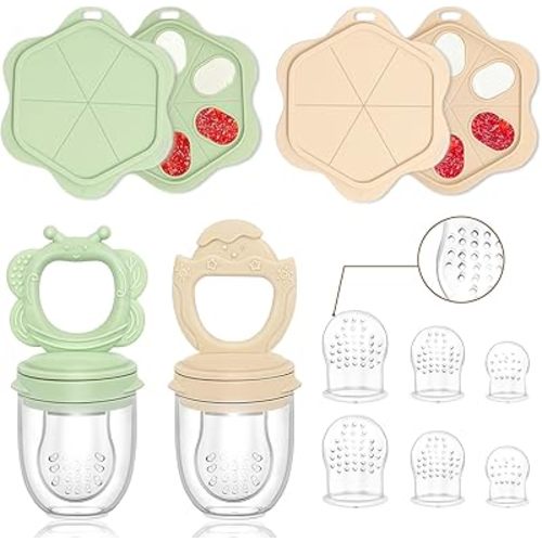 2 Pack Silicone Baby Fruit Food Feeder & Baby Food Freezer Tray Set,Baby Breastmilk Popsicle Molds Storage Containers for Teething Relief Self Feeding for Purees Baby Includes 3 Extra Food Pacifier