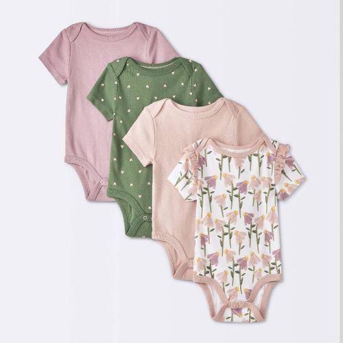 Baby 4pk Floral Short Sleeve Cotton Bodysuit - Cloud Island™ Pink 0-3m: Hearts Pattern, Lap Shoulder, Crotch Snap Closure