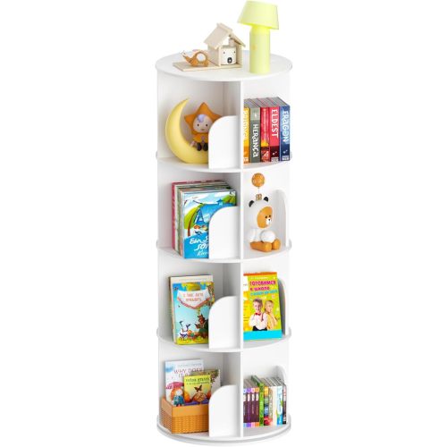 upsimples Rotating Bookshelf, 360° Display Corner Shelf for Book, 4 Tier Floor Standing Spinning Bookcase, Narrow Storage Rack for Kids Room, Bedroom, Living Room, White