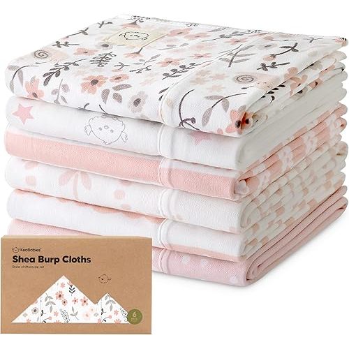 Organic Burp Cloths Baby Boy, Girl - 6-Pack Large Cotton Burping Cloths for Babies, Spit Up Rags, Super Absorbent, Ultra Soft Newborn Cloth Rag, Gender Neutral, Machine Washable, Durable(Sweet Charm)