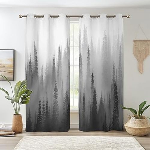 Renaiss Gray Misty Forest Blackout Curtains, Foggy Pine Forest Curtains for Living Room Mountain Nature Woodland Room Darkening Window Curtains for Bedroom, 42Wx84L inch 2 Panels Set