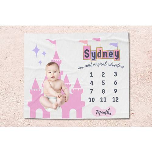 Magical Adventures Disney Inspired Baby Girl Personalized Milestone Blanket | Custom Vintage Disneyland Castle Banner | Track Monthly Growth