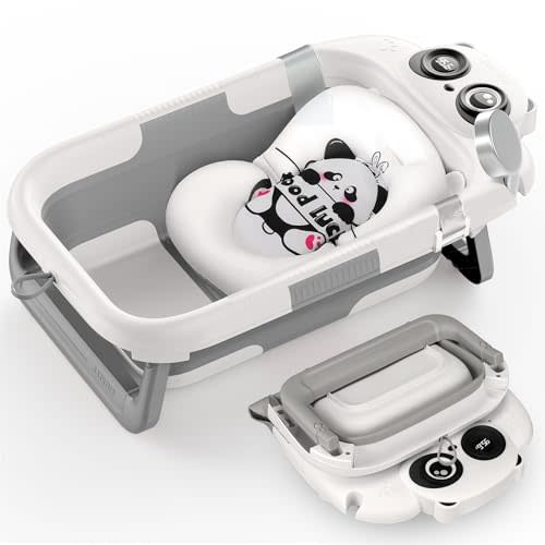 Foldable Baby Bathtub, Lightweight Bathtub for Infants to Toddlers with Soft Cushion & Thermometer, Portable Baby Tub Newborn to Toddler 0-24 Months(Grey)