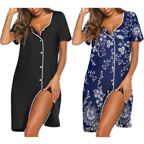 Ekouaer Nightgowns for Women 2 Pack Button Down Sleepshirt Short Sleeve Nightshirt Soft Sleepwear V Neck Pajama Dress