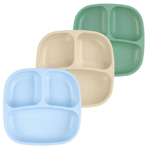 Re-Play Toddler Plates with Dividers - Deep-Walled 3 Compartments Divided Plates for Kids - Dishwasher & Microwave Safe - Made in USA - Set of 3-7.37" x 7.37" x 1.25" - Beach Baby