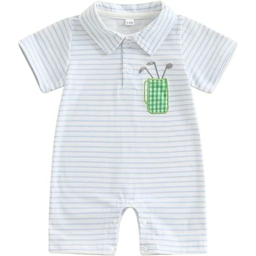 Baby Boy Summer Outfit Short Sleeve Embroidery Collared Romper Lapel Button Striped Bodysuit Jumpsuit Clothes