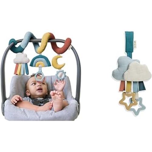 Itzy Ritzy Spiral Car Seat & Stroller Activity Toy; Includes Clinking Rings, Mirror and Textured Ribbons; Rainbow & Bitzy Bespoke Jingle Travel Toy for Stroller, Car Seat or Activity Gym;