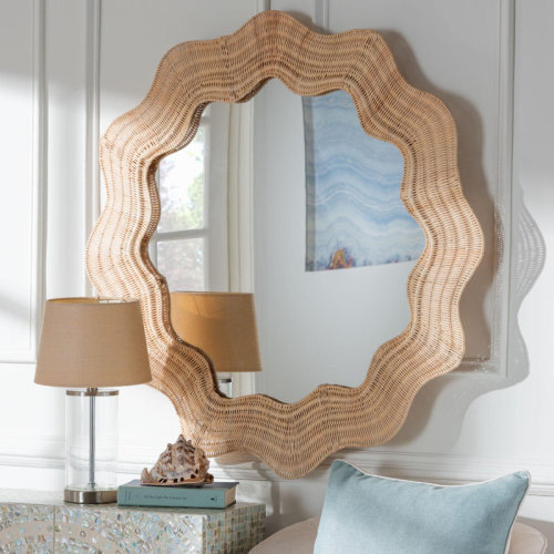 Bay Isle Home™ Bali & Pari Hasana Coastal Scalloped Natural Rattan Round Accent Wall Mirror | Wayfair