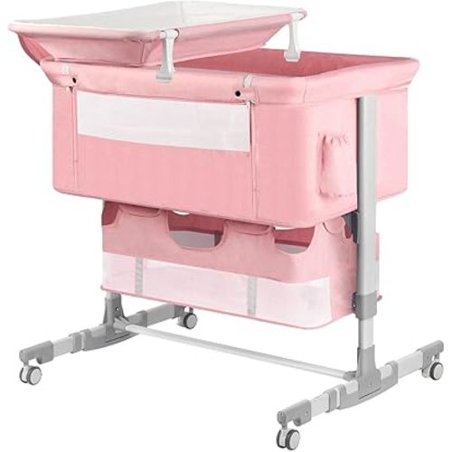 Baby Bassinet Bedside Sleeper with Diaper Changing Station + Mosquito Net + 16gallon Capacity Storage, Adjustable & Portable Bassinet Cosleeping Baby Bed (Pink)