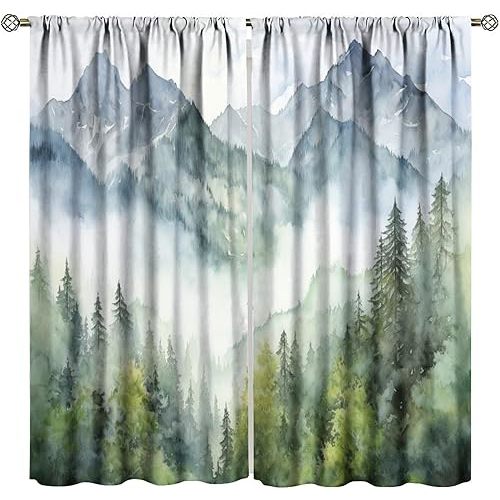 Forest Blackout Curtain, Watercolor Style Nature Woodland Green Forest Mountain Plant Window Treatments Rod Pocket 2 Panels Drapes for Living Room Bedroom Cafe Decor 72" W X 63" L