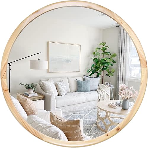 Circle Wooden Wall Mirror,18 inch Round Natural Wood Mirror Large Rustic Farmhouse Decor Mirror for The Living Room,Bathroom,Bedroom