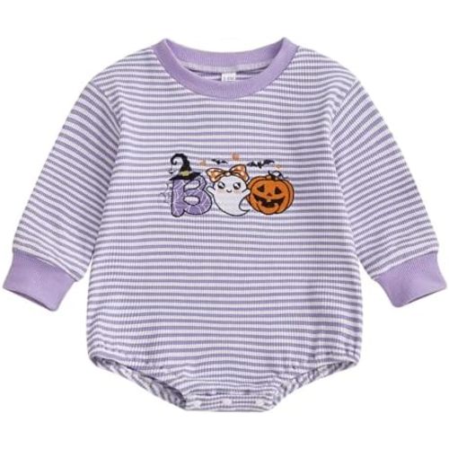 Karuedoo Newborn Baby Boy Girl Halloween Outfit Pumpkin Ghost Embroidery Stripe Long Sleeve Bubble Romper Waffle Bodysuit