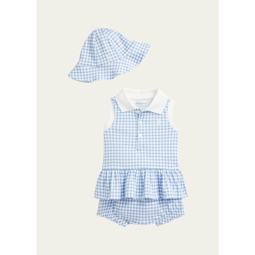 Girl's 3-Piece Gingham Polo Shirt and Shorts Set, Size 3M-24M