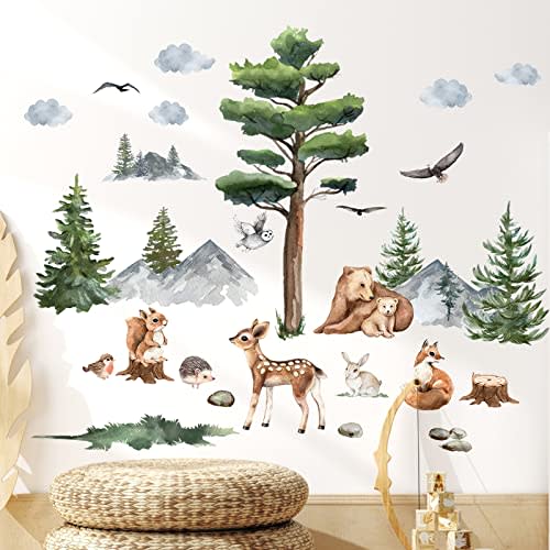Jungle Animals Wall Decals Cartoon Animals Stickers Watercolor Tree Animal Wall Stickers, Nursery Decor Woodland Bear Forest Animal Decal for Bedroom Playroom Decor